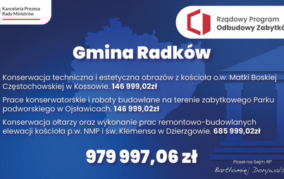 Zdjęcie do Prawie 1 mln zł na odbudowę zabytk&oacute;w  dla gminy Radk&oacute;w
