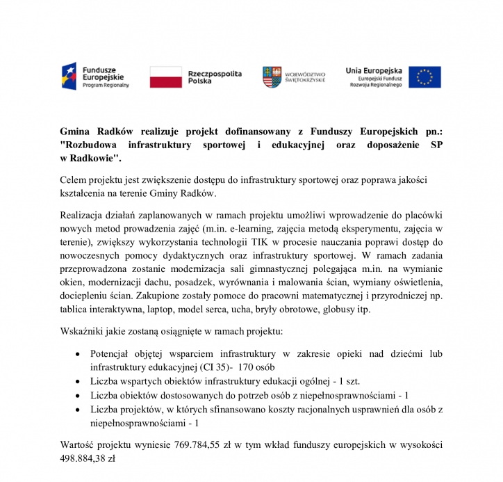 Informacja Rozbudowa Infrastruktury sportowej i edukacyjnej oraz doposażenie SP w Radkowie